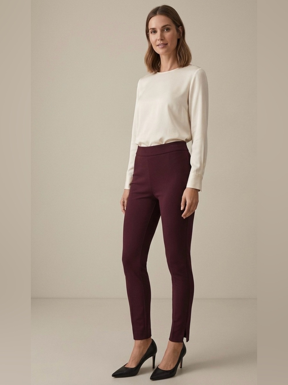 REISS Burgundy High Waist Skinny Ankle Slit Trousers Dress Pants